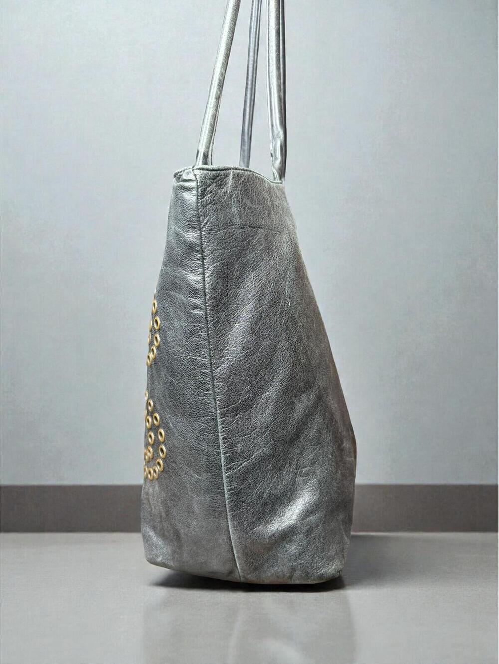 Berge Black Italian Leather Tote Gold Grommet Detailing Early‑2010s Era - Picture 5 of 10